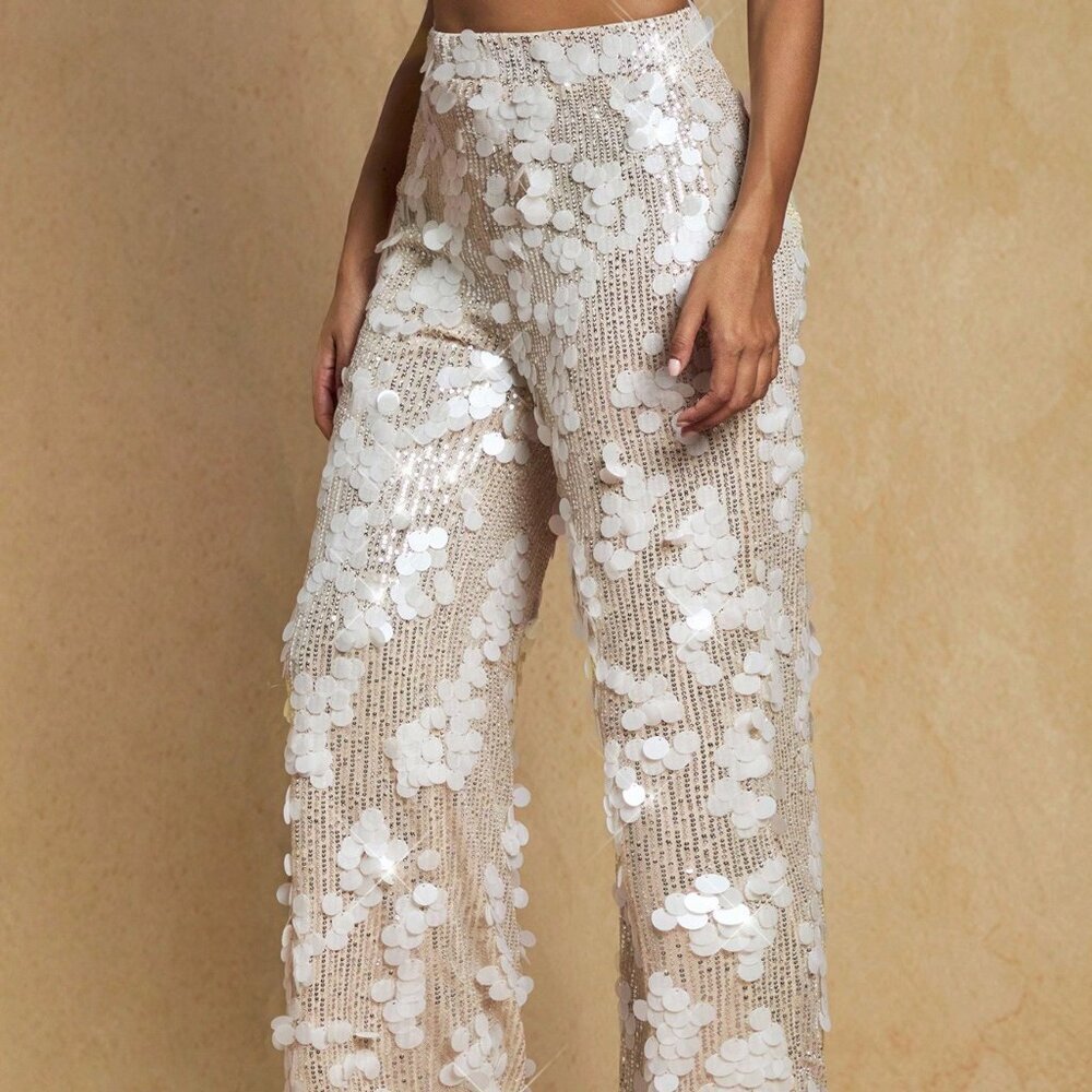 Glamorous Womens High Waist Sequin detailed Wide Leg Long Pants - Picture 6 of 7